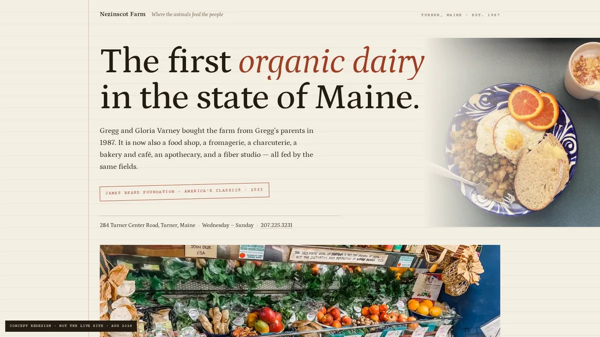 Nezinscot Farm — concept redesign by JesseStudio.